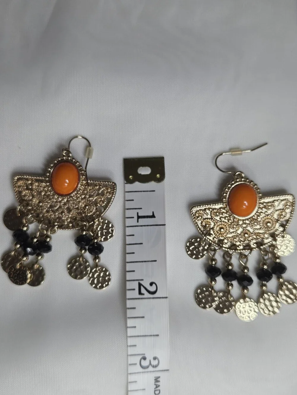 Gold Filigree Dangle Earrings with‎ Orange Cabochon and Black Beads